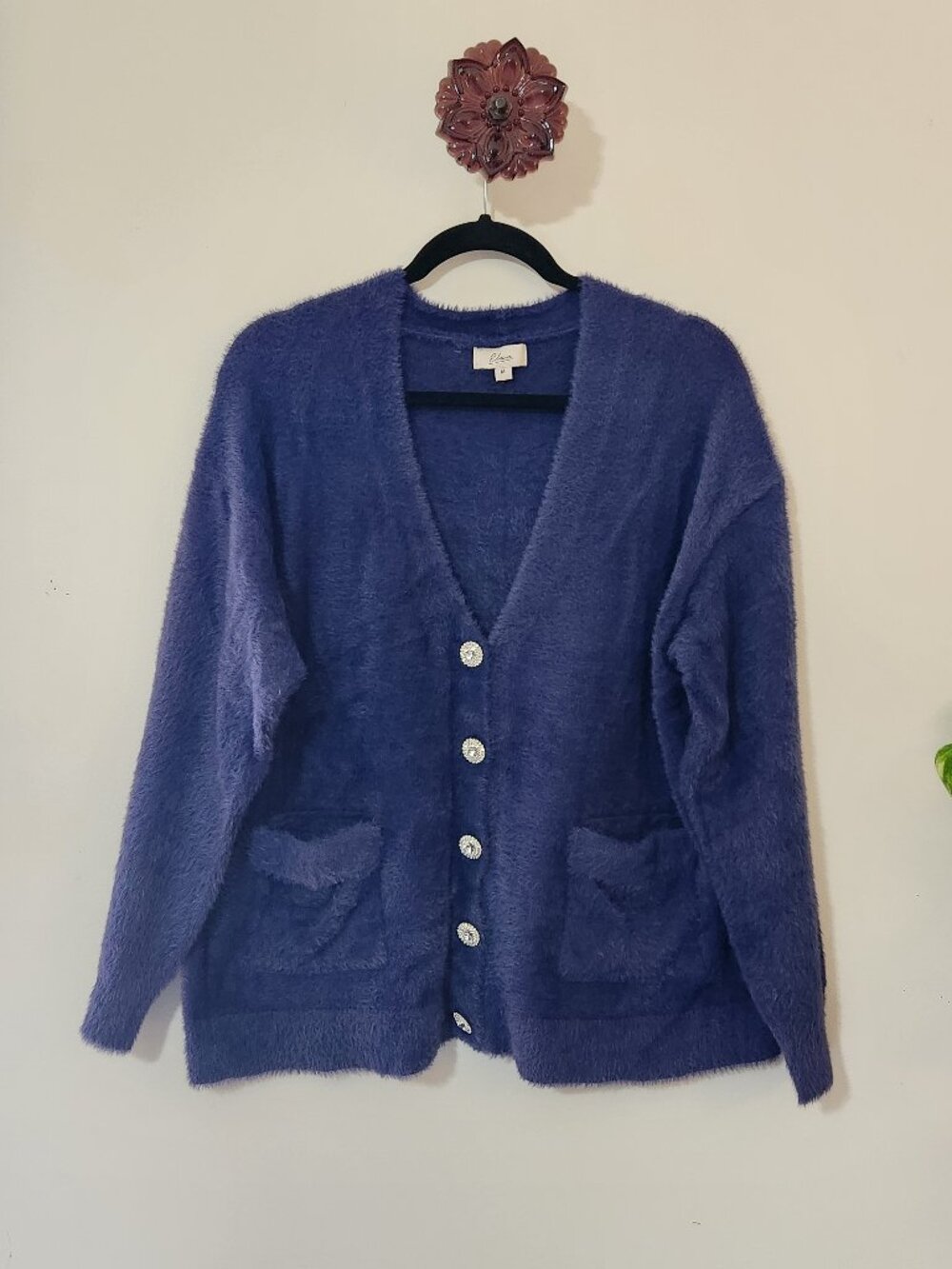 ELAN Fuzzy Blue Rhinestone Button Cardigan Sweater Size M